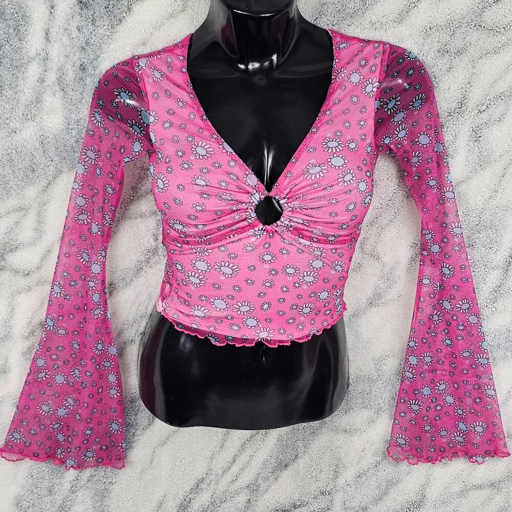 Dolls Kill Delia's XXS Mesh Bell Flare Sleeve Floral Crop Top O-Ring Bust Lined